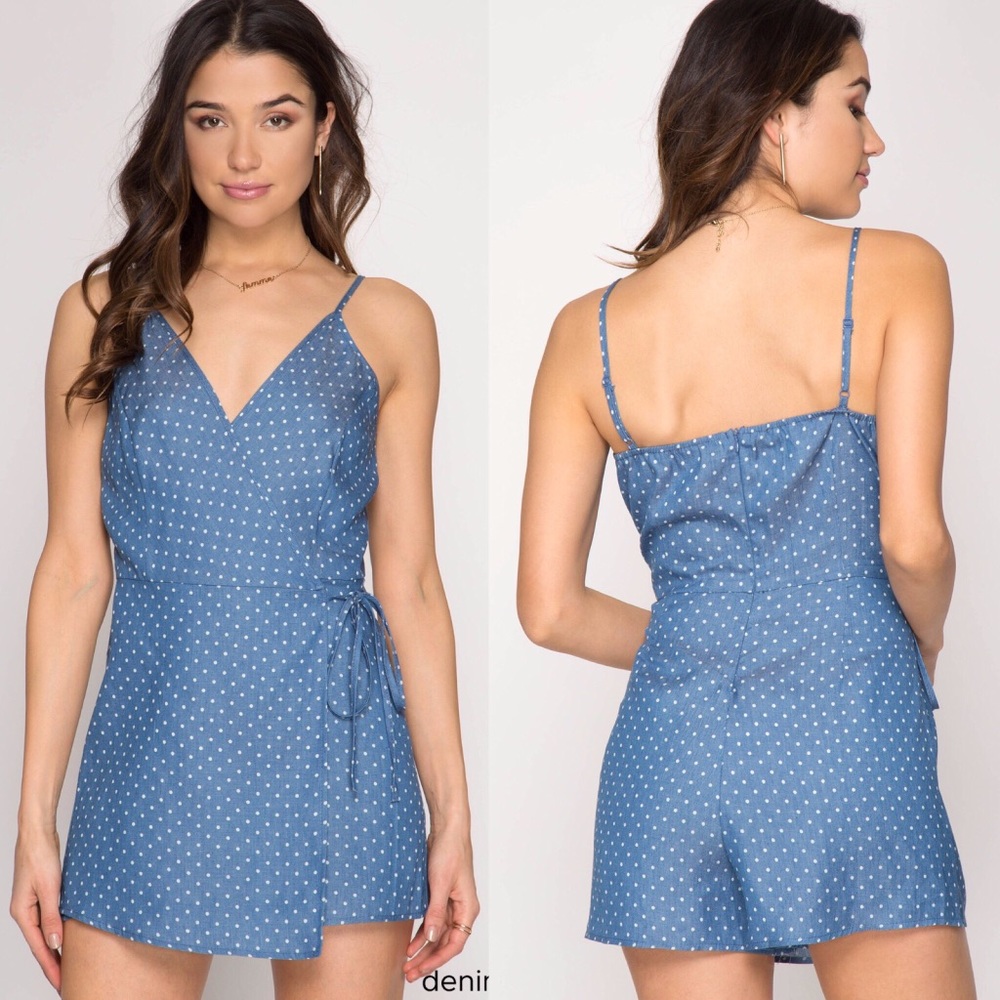 Polka dots chambray romper